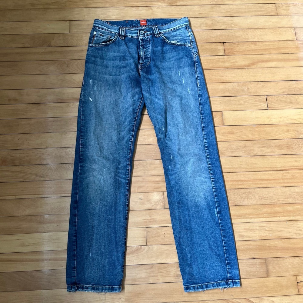 Hugo Boss Orange Label Mens Straight Leg Distressed Blue Denim Jeans Size 31x32